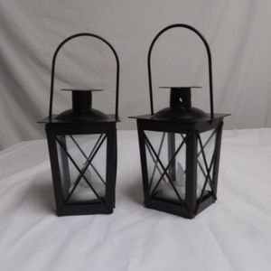Set of Two Small Glass and Black Metal Lantern and LED candles